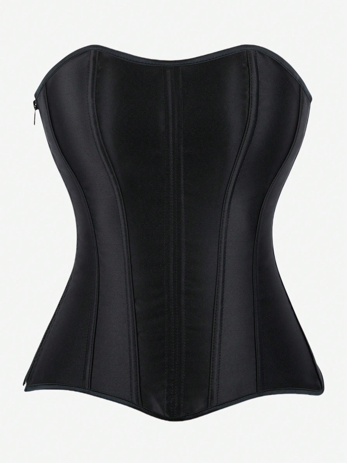 Black overbust corset top bustier with 11 steel bones, side zipper, and grommet eyelet detailing for waist shaping.