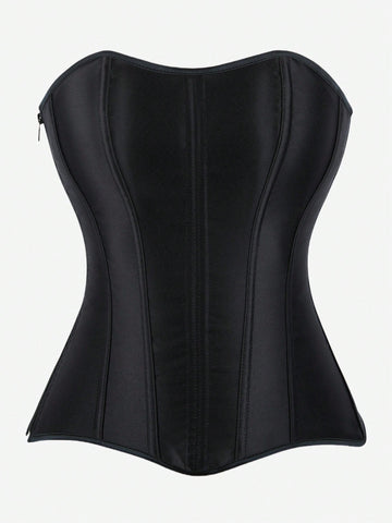Black overbust corset top bustier with 11 steel bones, side zipper, and grommet eyelet detailing for waist shaping.
