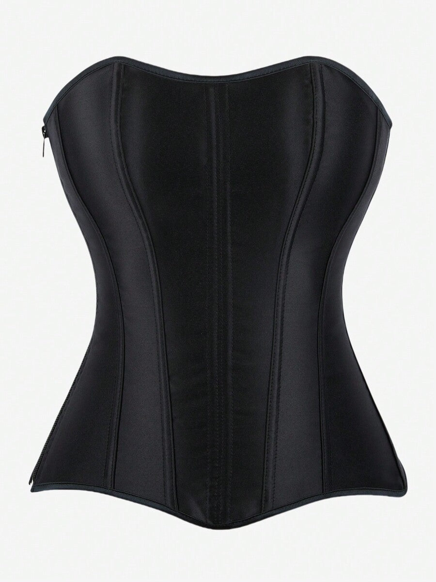 Black overbust corset top bustier with 11 steel bones, side zipper, and grommet eyelet detailing for waist shaping.