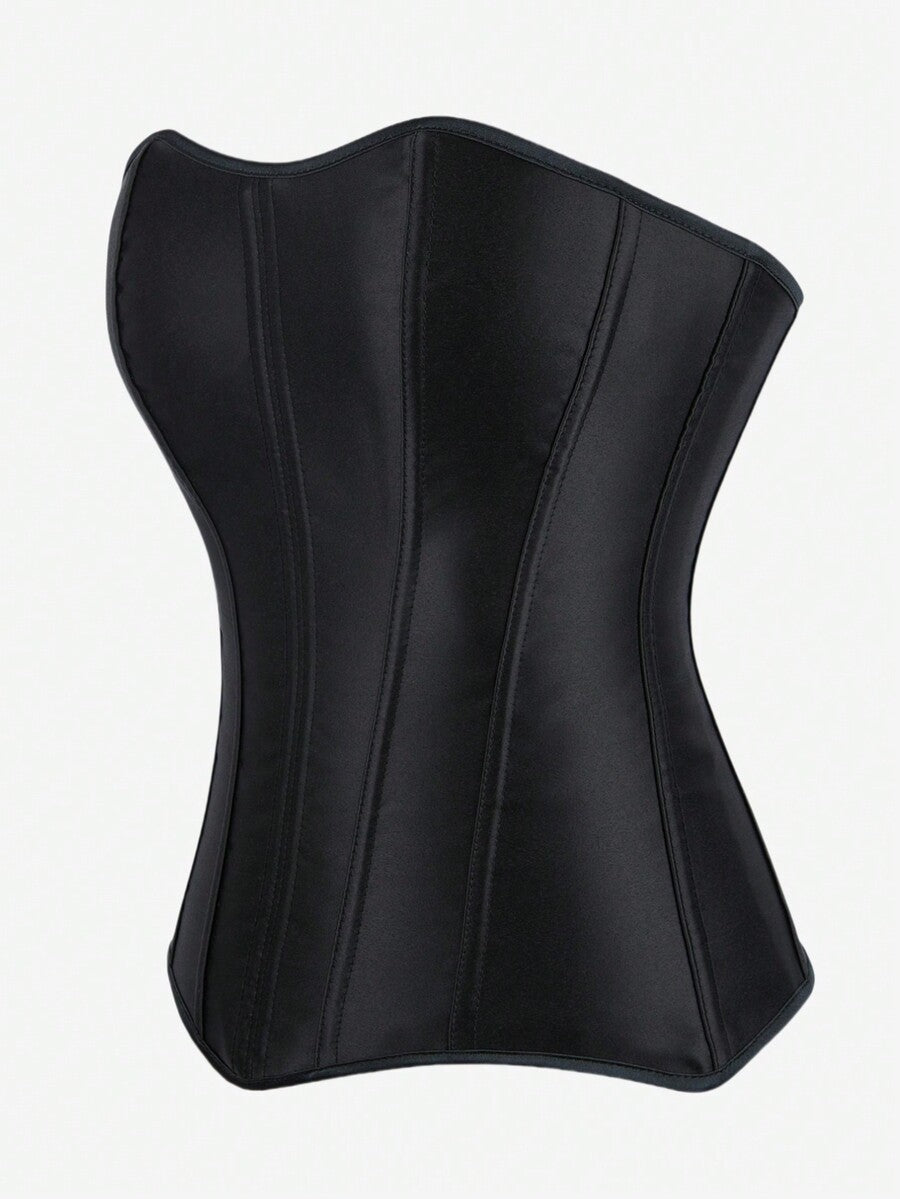 Black overbust corset top bustier with 11 steel bones, side zipper, and grommet eyelet detailing for waist shaping.