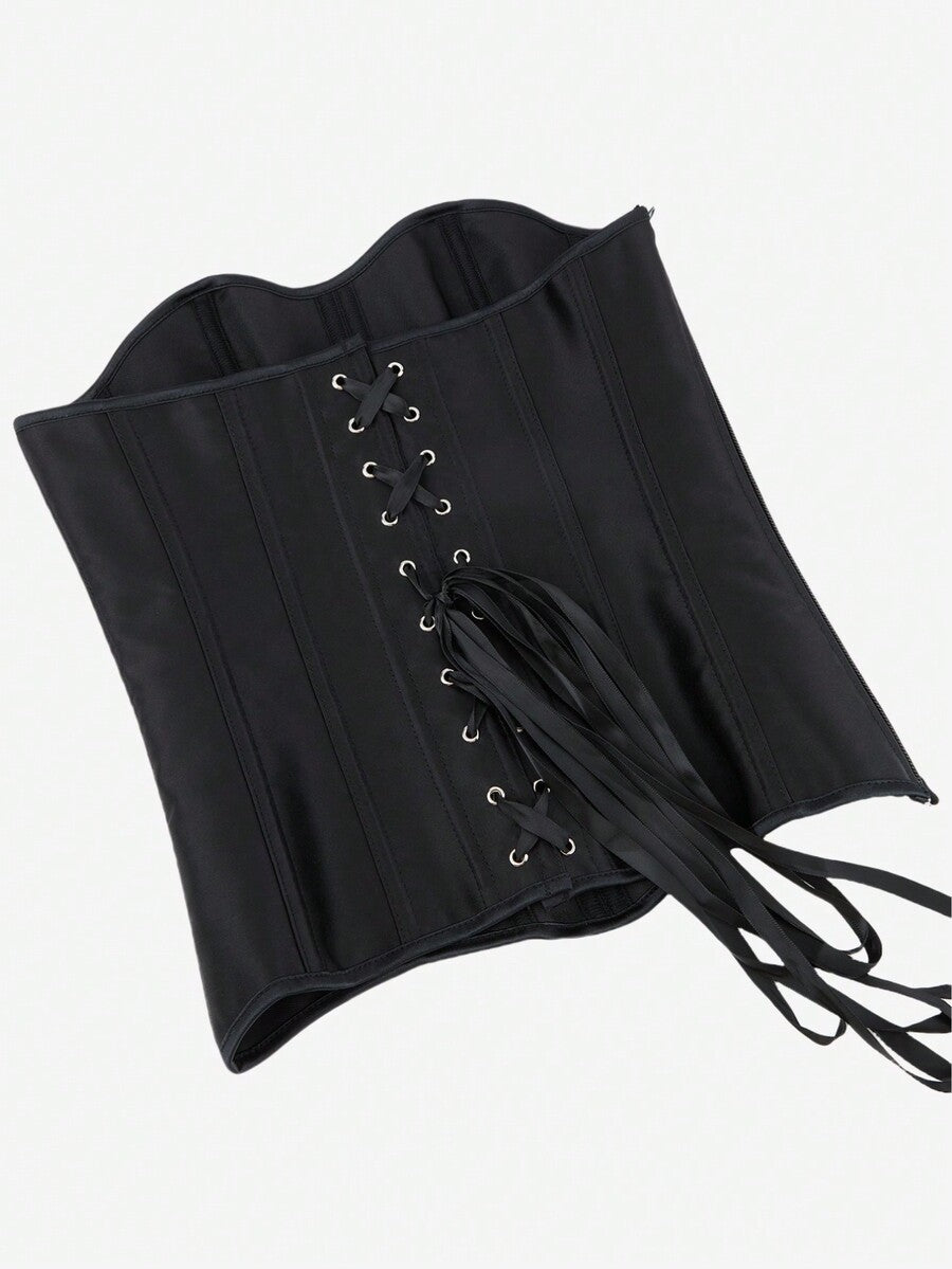 Black overbust corset top bustier with 11 steel bones, side zipper, and grommet eyelet detailing for waist shaping.