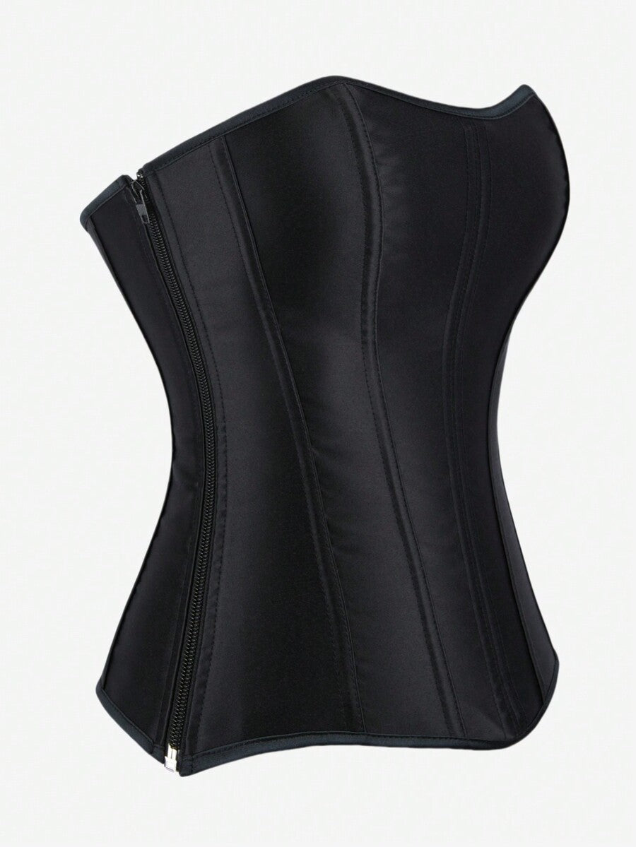 Black overbust corset top bustier with 11 steel bones, side zipper, and grommet eyelet detailing for waist shaping.