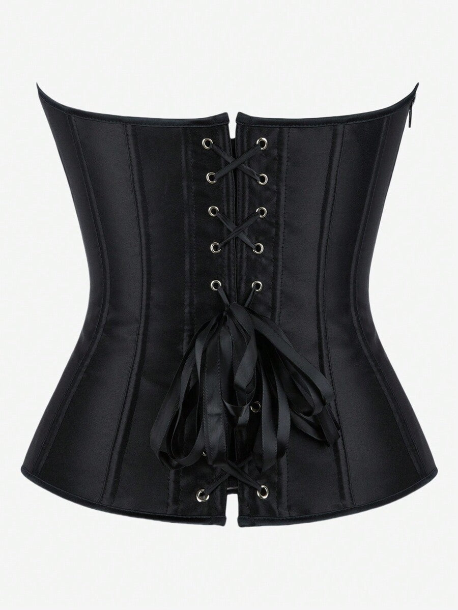Black overbust corset top bustier with 11 steel bones, side zipper, and grommet eyelet detailing for waist shaping.