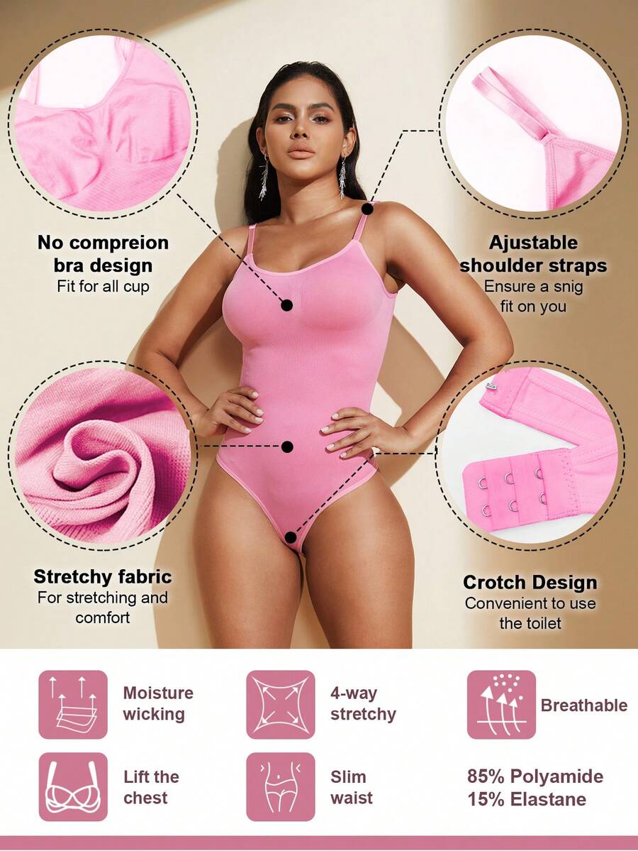 Brown seamless shapewear bodysuit featuring backless design, thong bottom, non-removable padding, and high-stretch fabric for tummy and waist control.