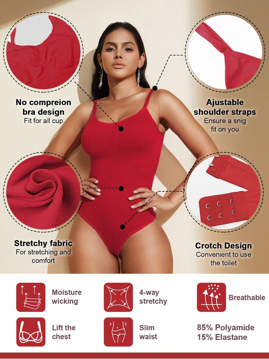 Brown seamless shapewear bodysuit featuring backless design, thong bottom, non-removable padding, and high-stretch fabric for tummy and waist control.