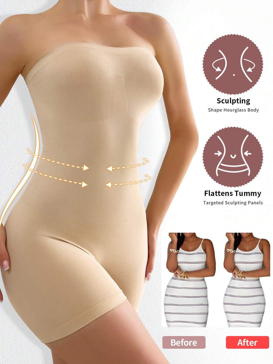 Women's seamless strapless shapewear romper in apricot with medium support targeting tummy, waist, and thighs.