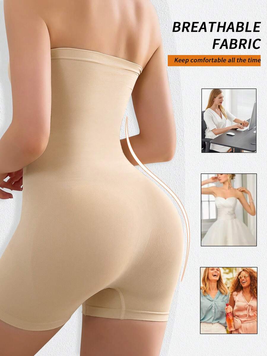 Women's seamless strapless shapewear romper in apricot with medium support targeting tummy, waist, and thighs.