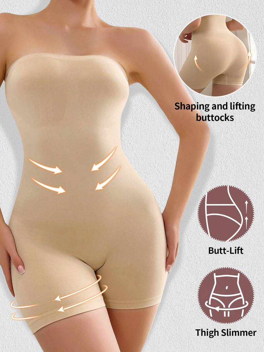 Women's seamless strapless shapewear romper in apricot with medium support targeting tummy, waist, and thighs.