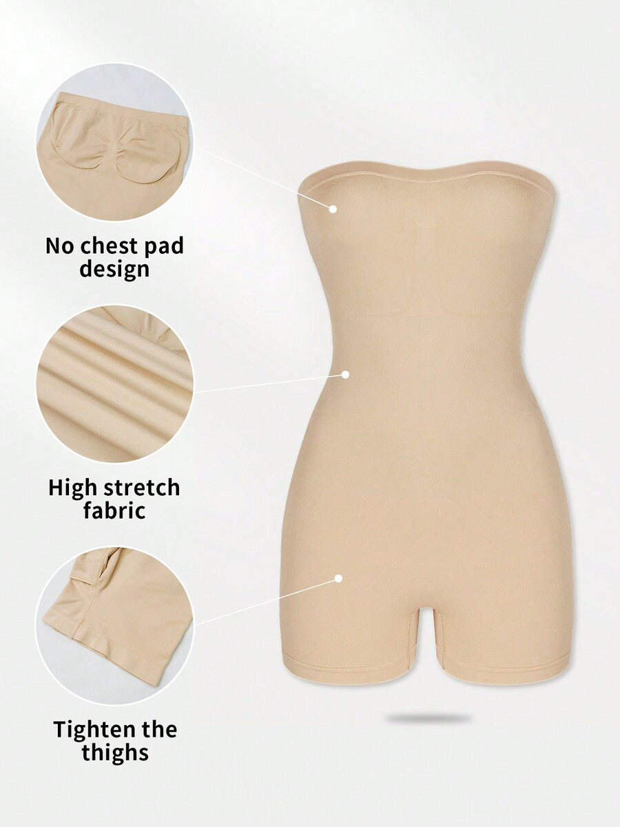 Women's seamless strapless shapewear romper in apricot with medium support targeting tummy, waist, and thighs.
