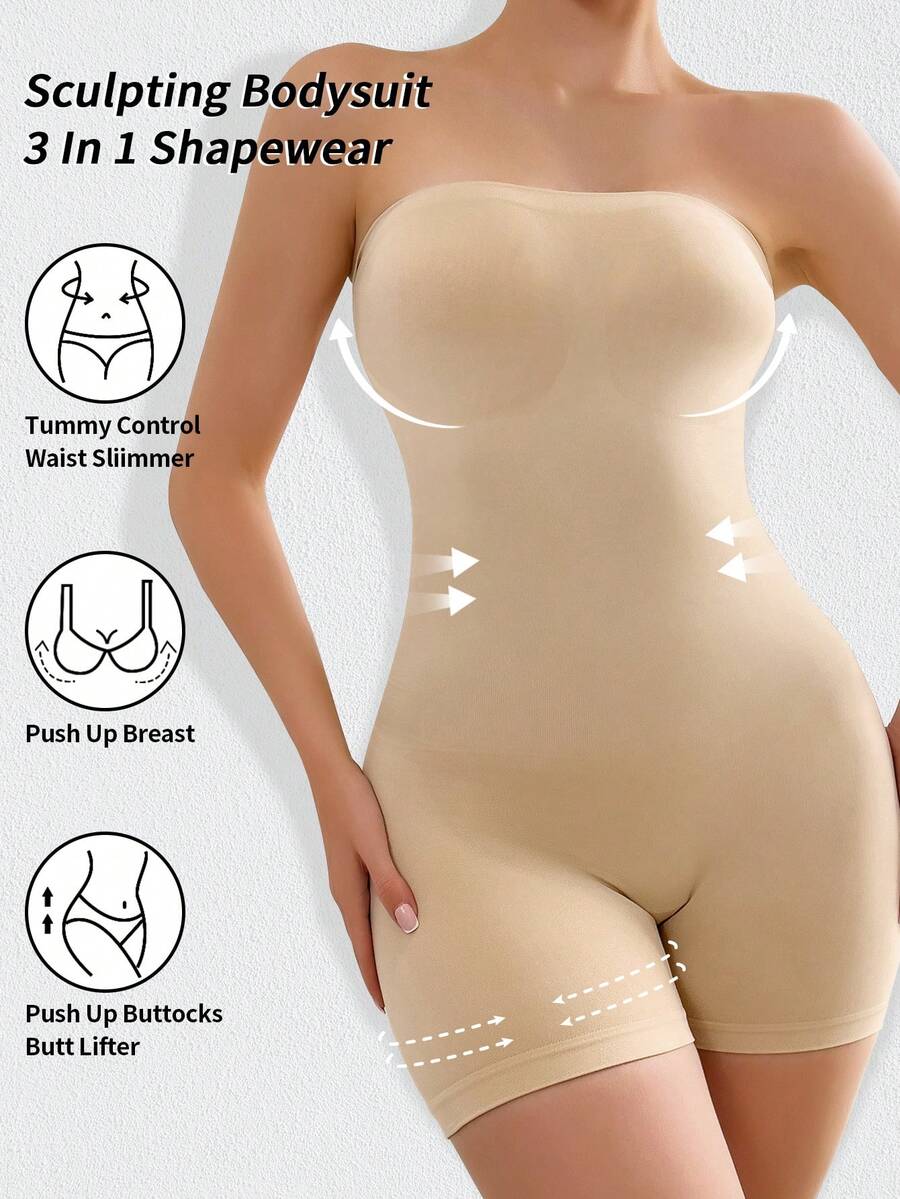 Women's seamless strapless shapewear romper in apricot with medium support targeting tummy, waist, and thighs.
