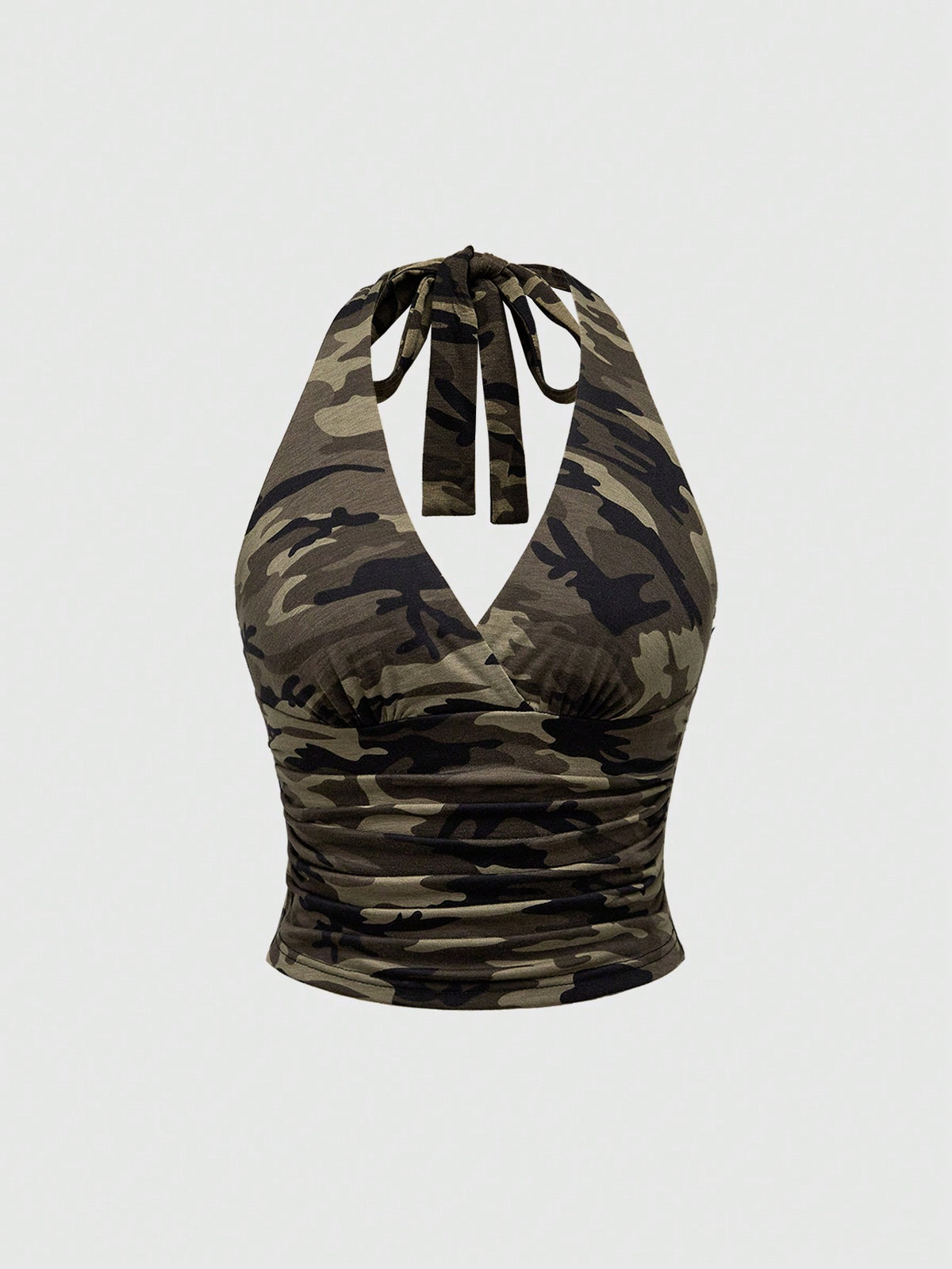 Women's halter crop tank top featuring a backless silhouette and ruched detailing in a slim fit design.