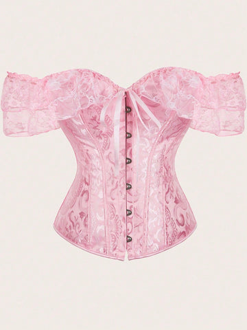 Vintage pink women's corset waist cincher with frill detail, designed for waist shaping and medium support.