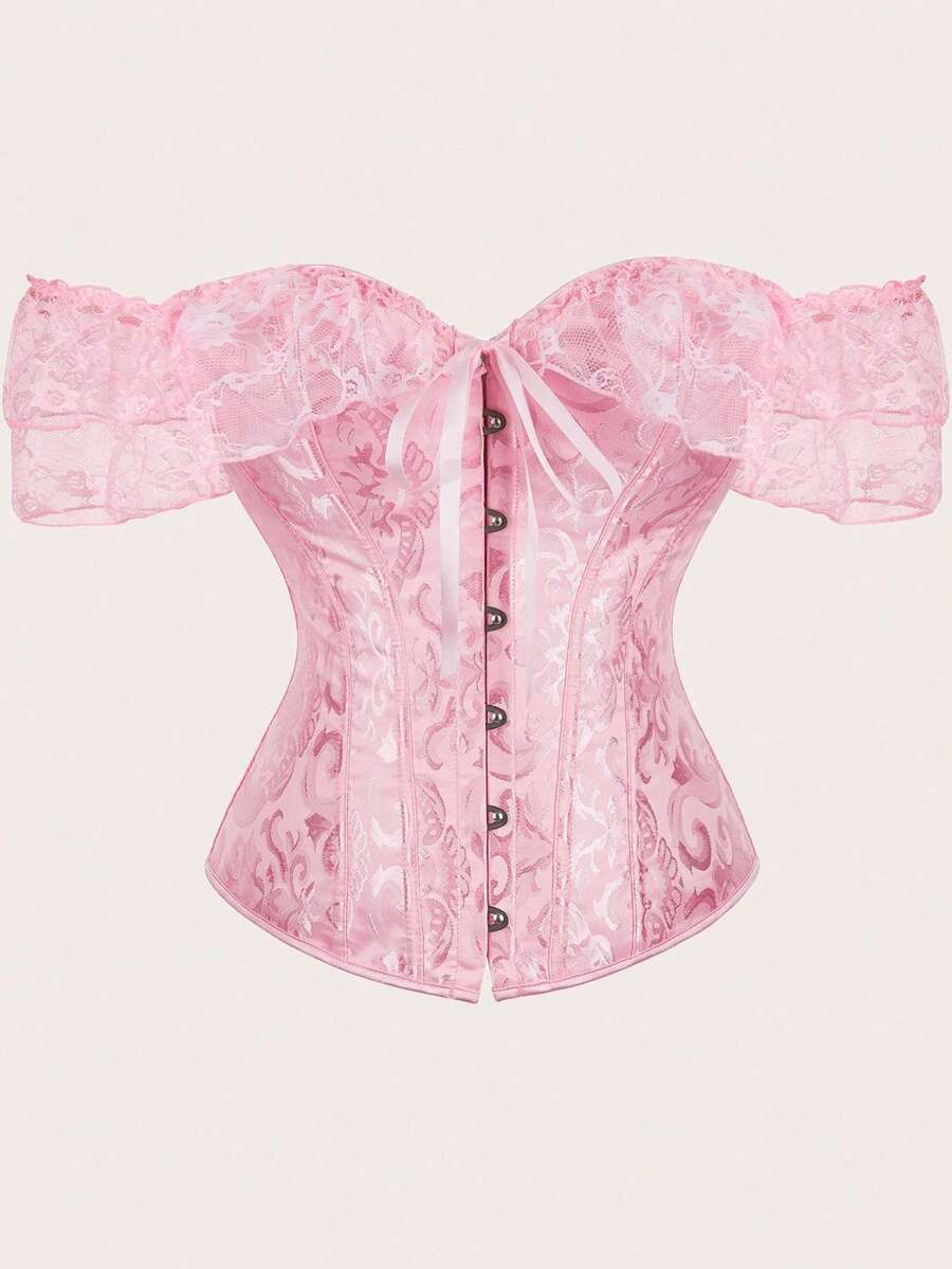 Vintage pink women's corset waist cincher with frill detail, designed for waist shaping and medium support.