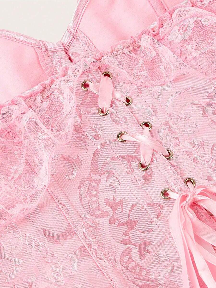 Vintage pink women's corset waist cincher with frill detail, designed for waist shaping and medium support.