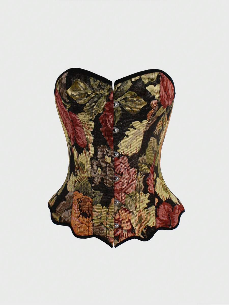 Multicolor floral pattern boned bustier micro crop top for women featuring a strapless sleeveless design and slim fit.