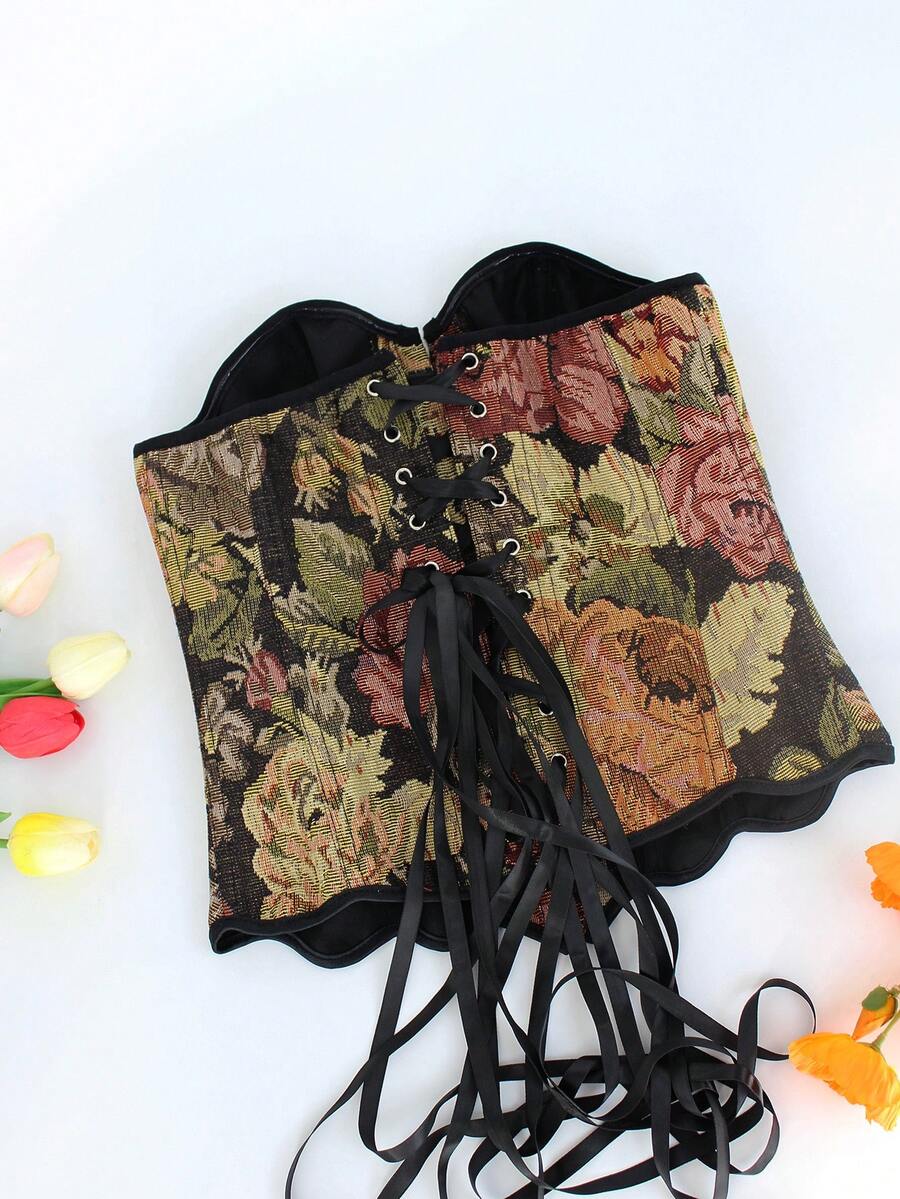 Multicolor floral pattern boned bustier micro crop top for women featuring a strapless sleeveless design and slim fit.