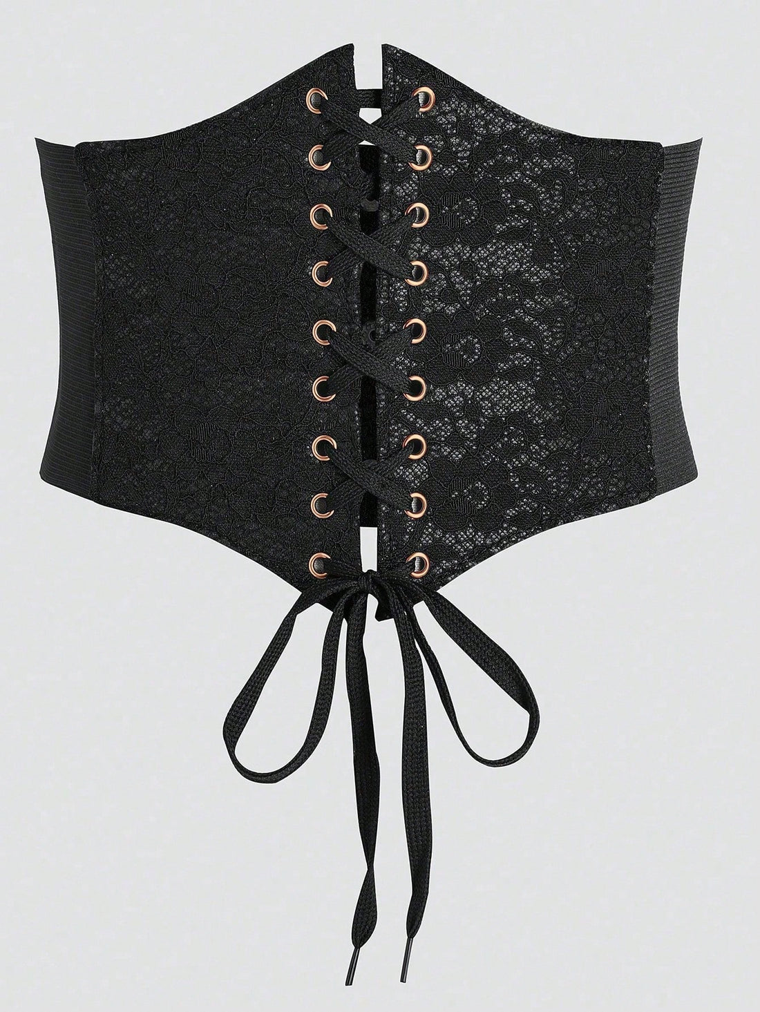 Black lace-up waist cincher with grommet eyelets, baroque pattern, medium stretch, and wide belt design for women.
