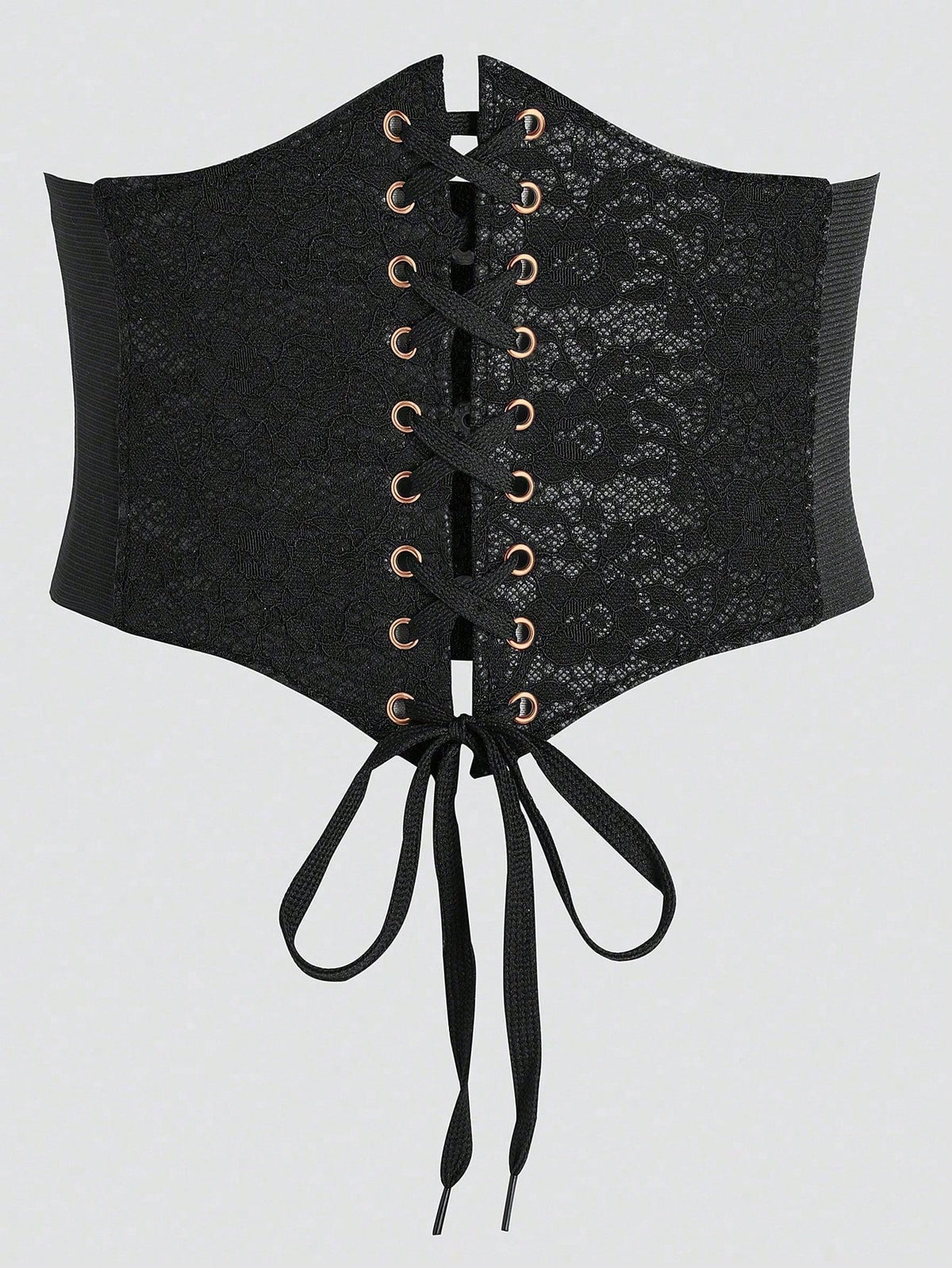 Black lace-up waist cincher with grommet eyelets, baroque pattern, medium stretch, and wide belt design for women.