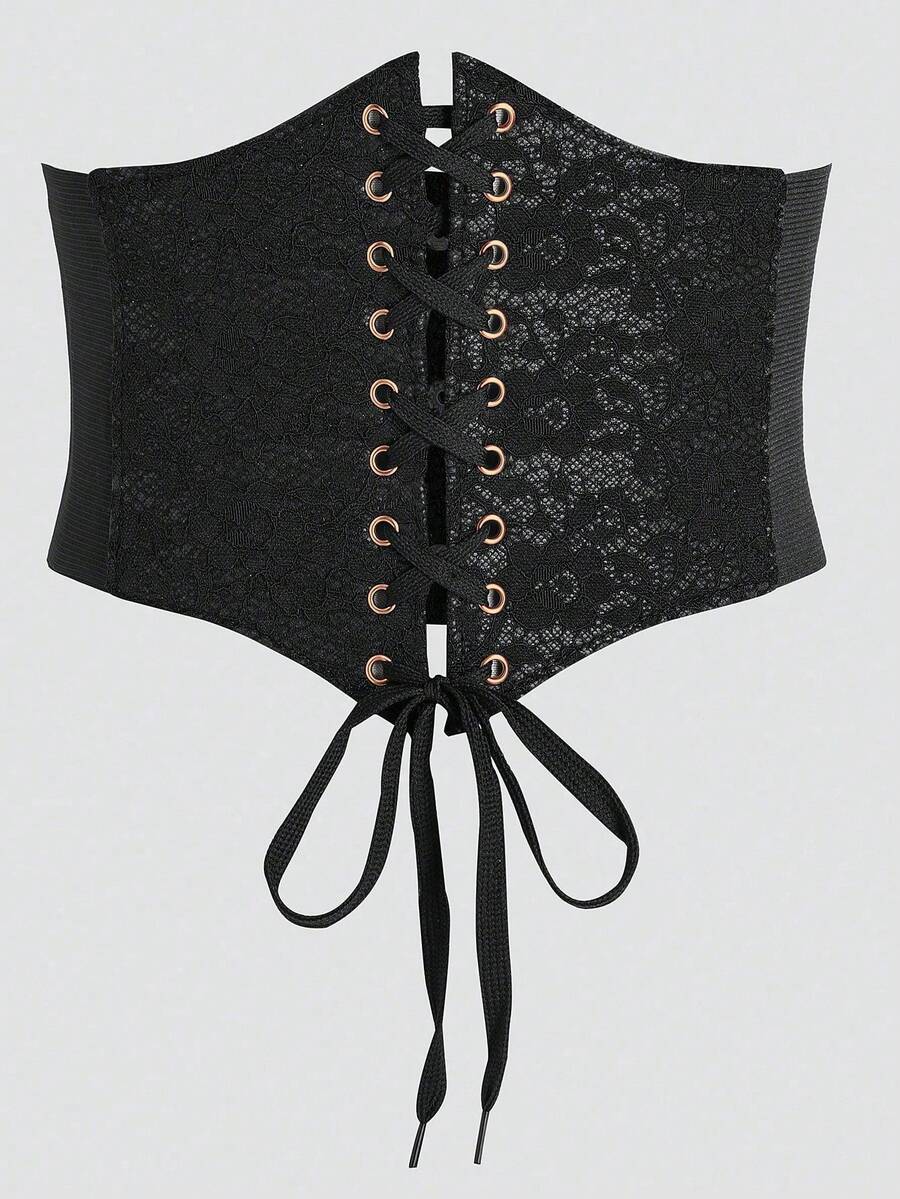 Black lace-up waist cincher with grommet eyelets, baroque pattern, medium stretch, and wide belt design for women.