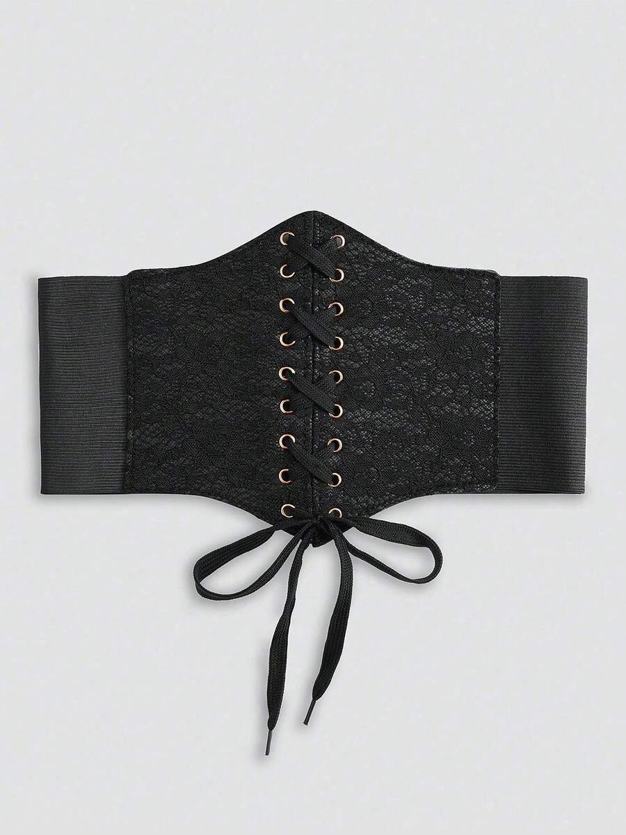 Black lace-up waist cincher with grommet eyelets, baroque pattern, medium stretch, and wide belt design for women.