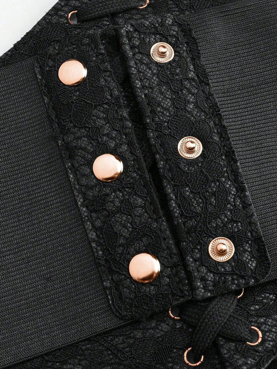 Black lace-up waist cincher with grommet eyelets, baroque pattern, medium stretch, and wide belt design for women.