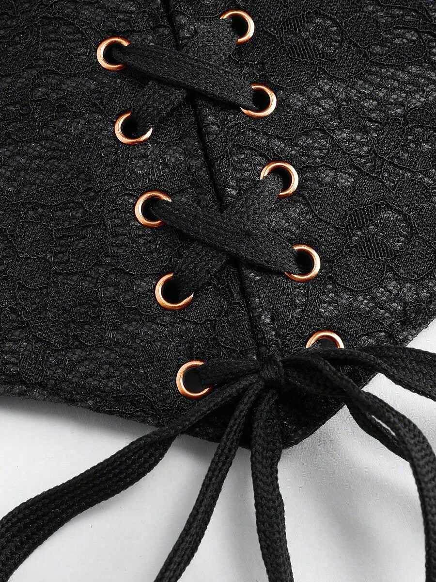 Black lace-up waist cincher with grommet eyelets, baroque pattern, medium stretch, and wide belt design for women.