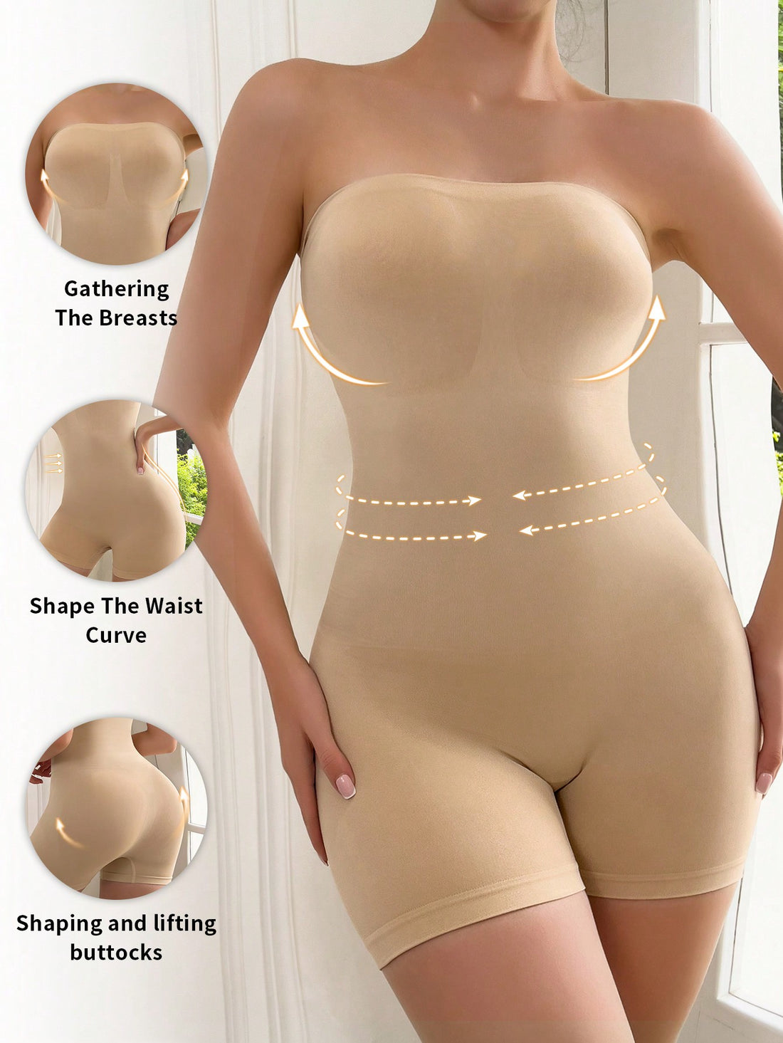 Women's seamless strapless shapewear romper in apricot with medium support targeting tummy, waist, and thighs.
