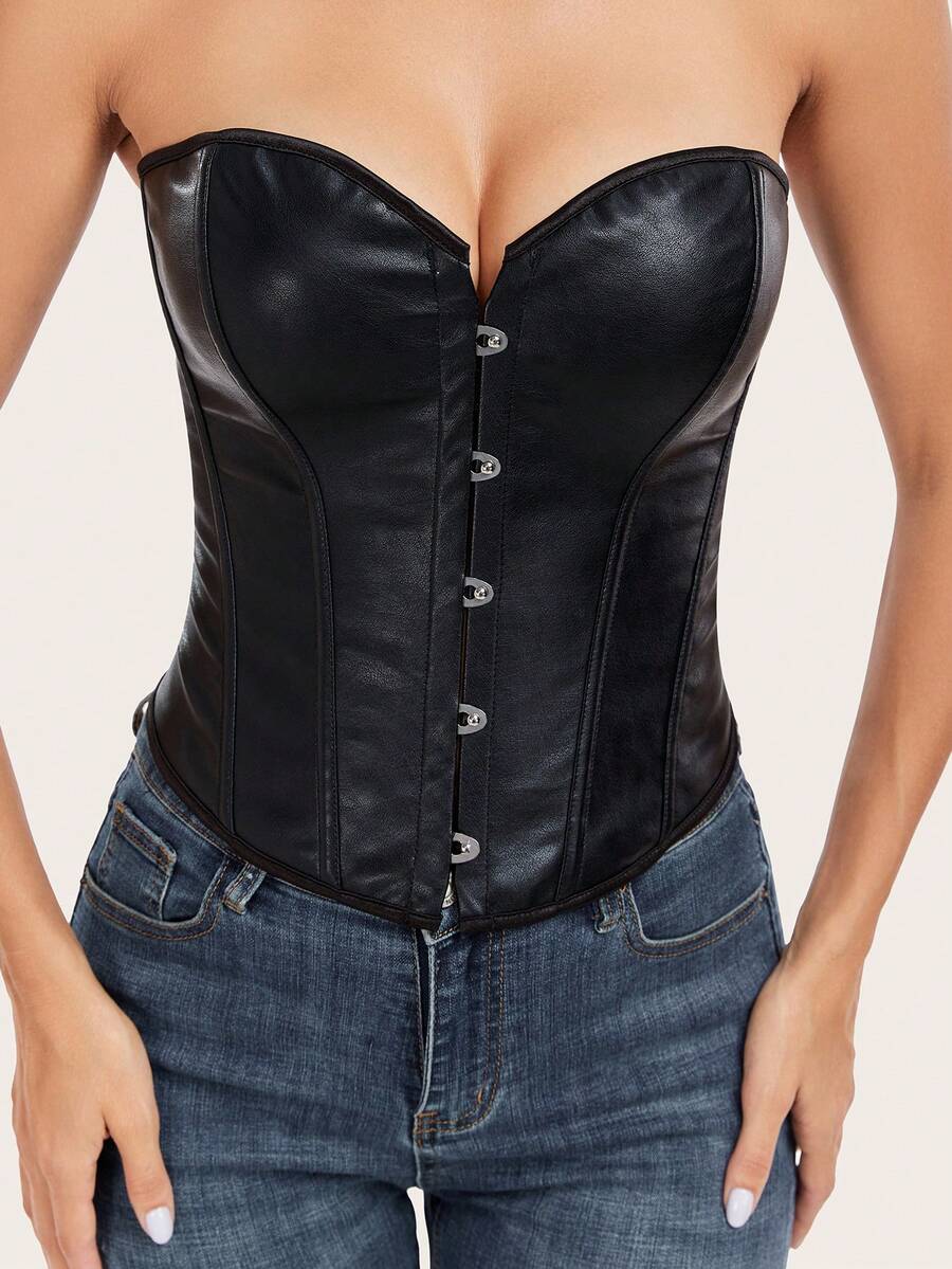 Women's black vintage boned bandeau corset top featuring a crisscross back design.