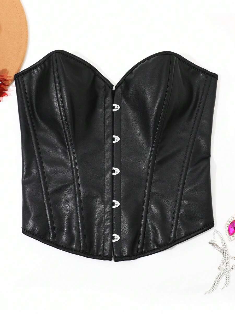 Women's black vintage boned bandeau corset top featuring a crisscross back design.