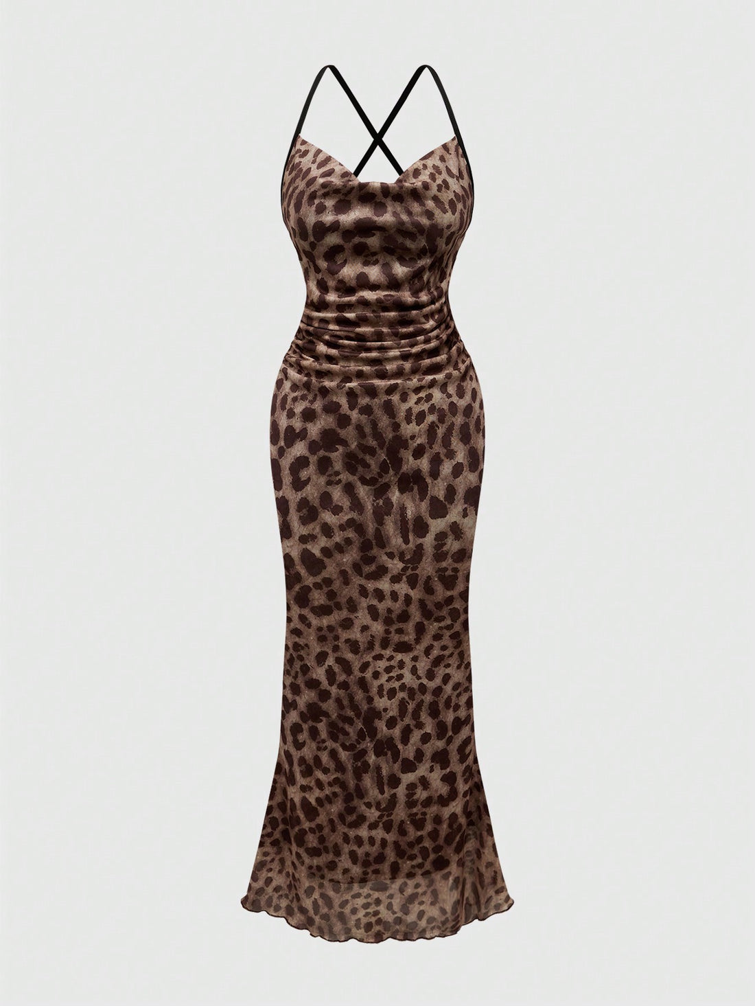 Maroon leopard print backless long cami dress with draped neck and crisscross spaghetti straps