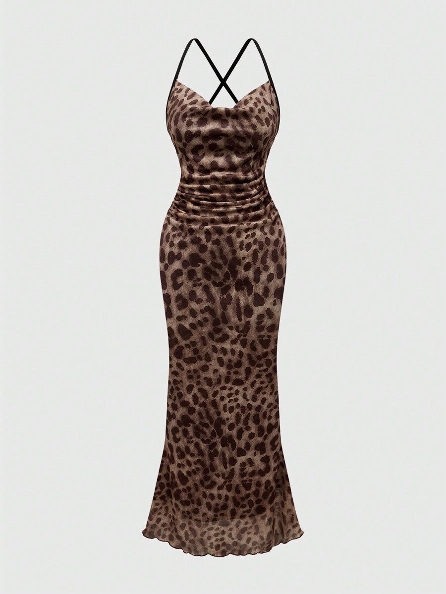 Maroon leopard print backless long cami dress with draped neck and crisscross spaghetti straps