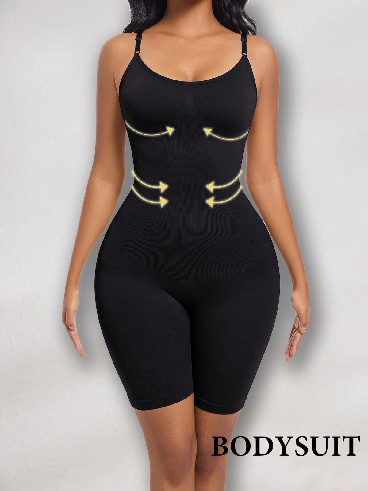 Women's black seamless shapewear jumpsuit with spaghetti straps, backless design, and strong tummy control full body shaping.