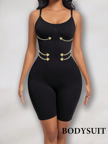 Women's black seamless shapewear jumpsuit with spaghetti straps, backless design, and strong tummy control full body shaping.