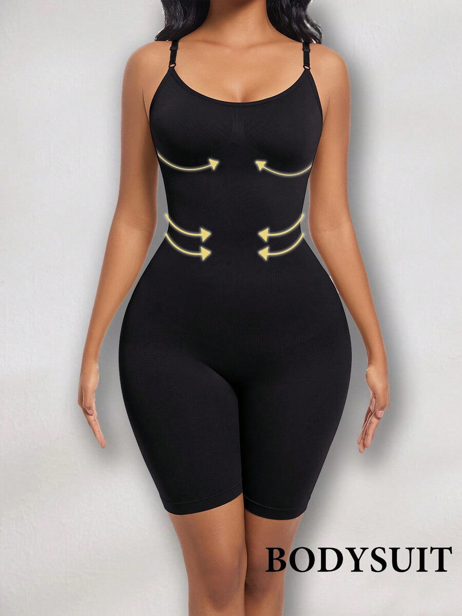 Women's black seamless shapewear jumpsuit with spaghetti straps, backless design, and strong tummy control full body shaping.