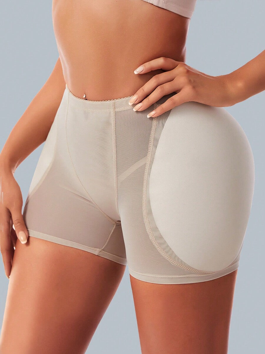 Apricot mesh fabric butt lifting padded underwear shapewear shorts for women featuring medium support enhancement.