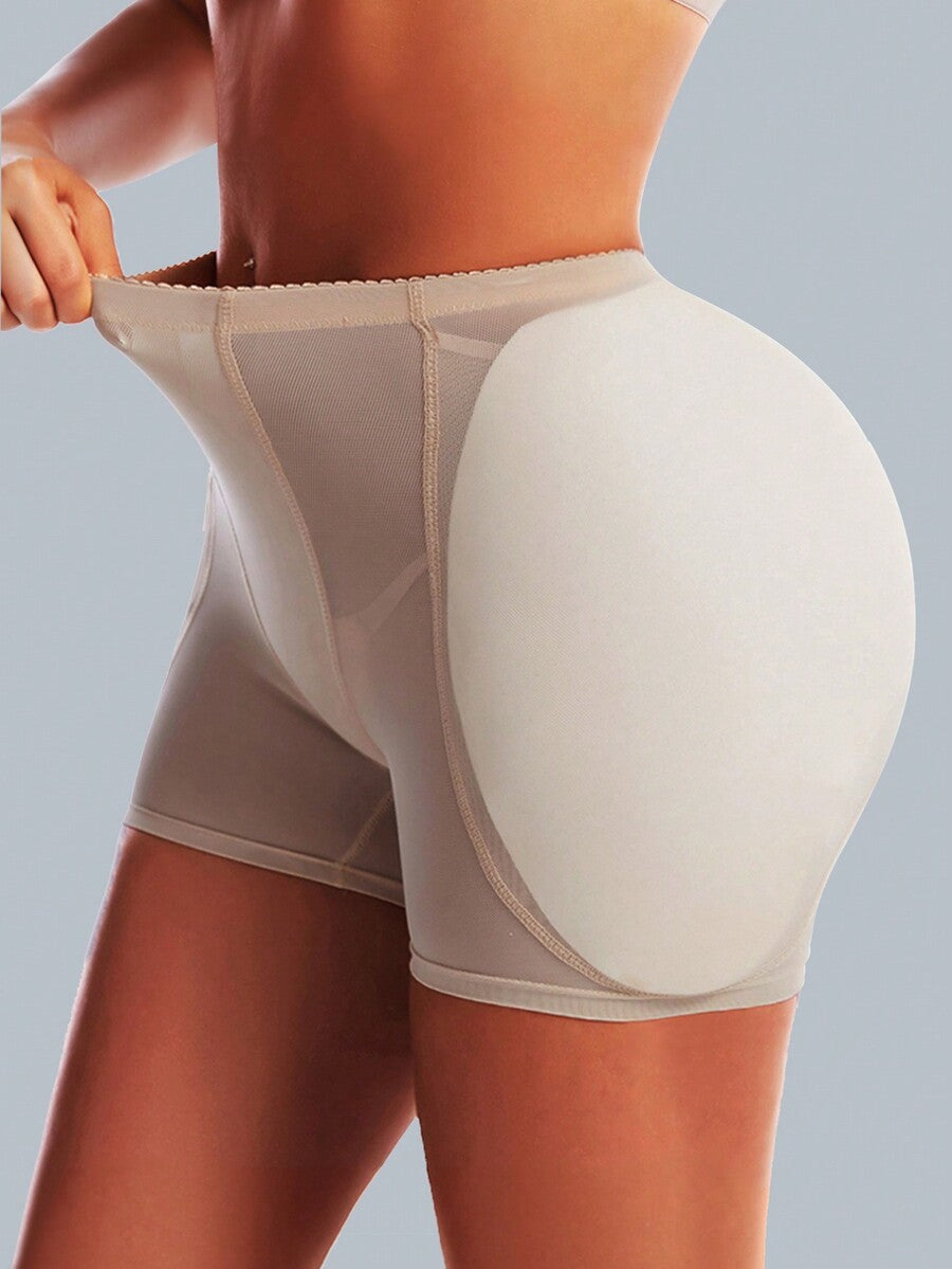 Apricot mesh fabric butt lifting padded underwear shapewear shorts for women featuring medium support enhancement.