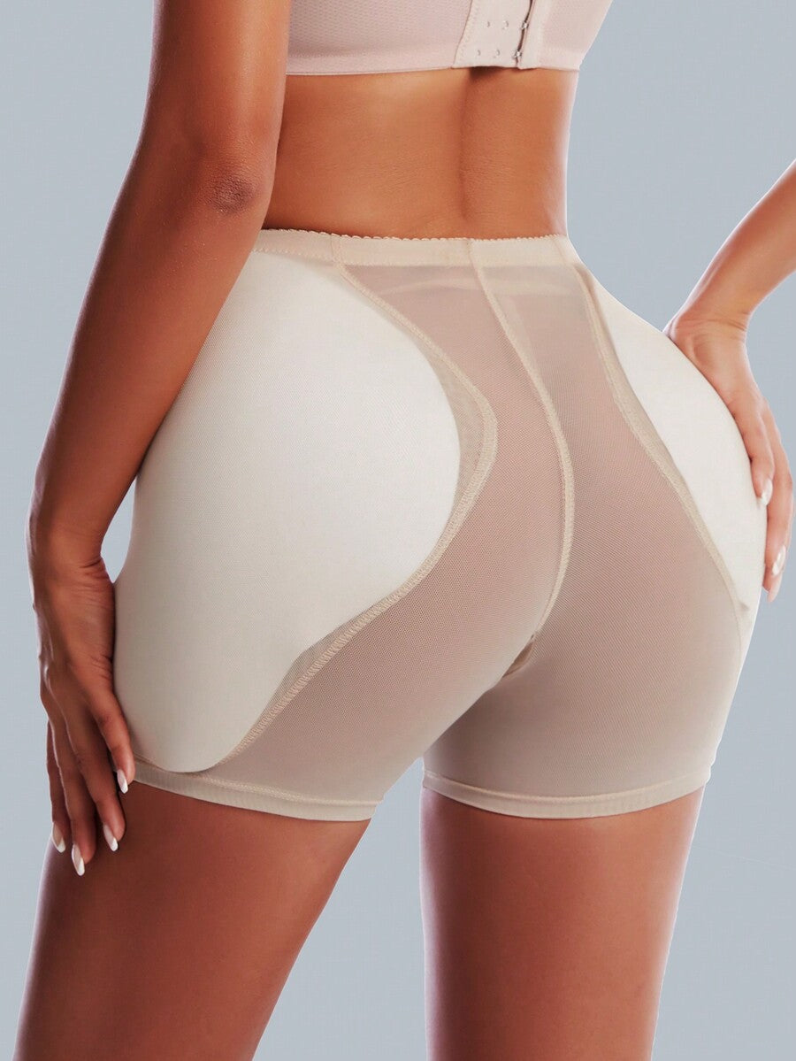 Apricot mesh fabric butt lifting padded underwear shapewear shorts for women featuring medium support enhancement.
