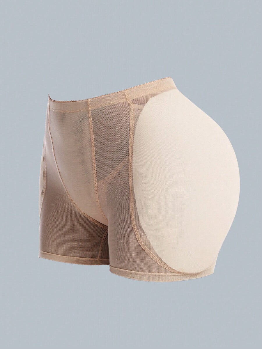 Apricot mesh fabric butt lifting padded underwear shapewear shorts for women featuring medium support enhancement.