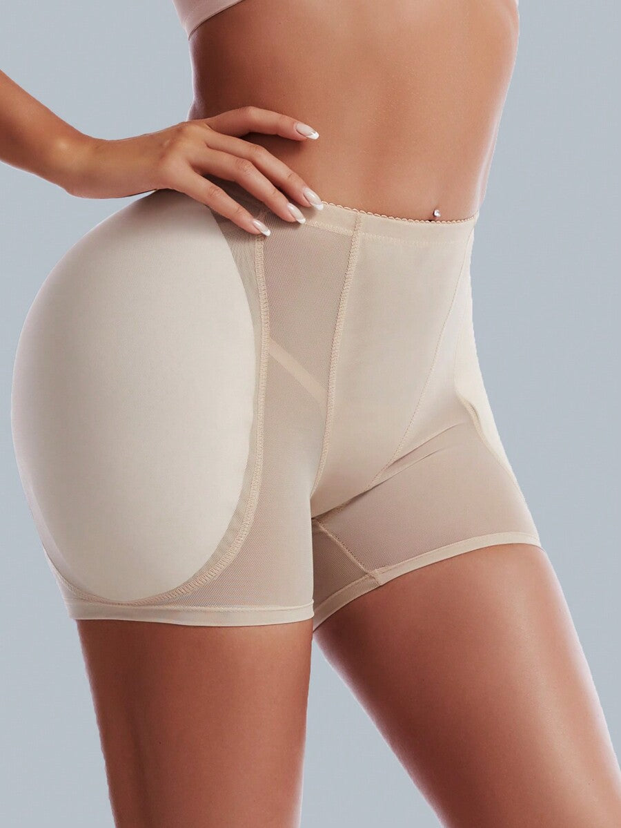 Apricot mesh fabric butt lifting padded underwear shapewear shorts for women featuring medium support enhancement.