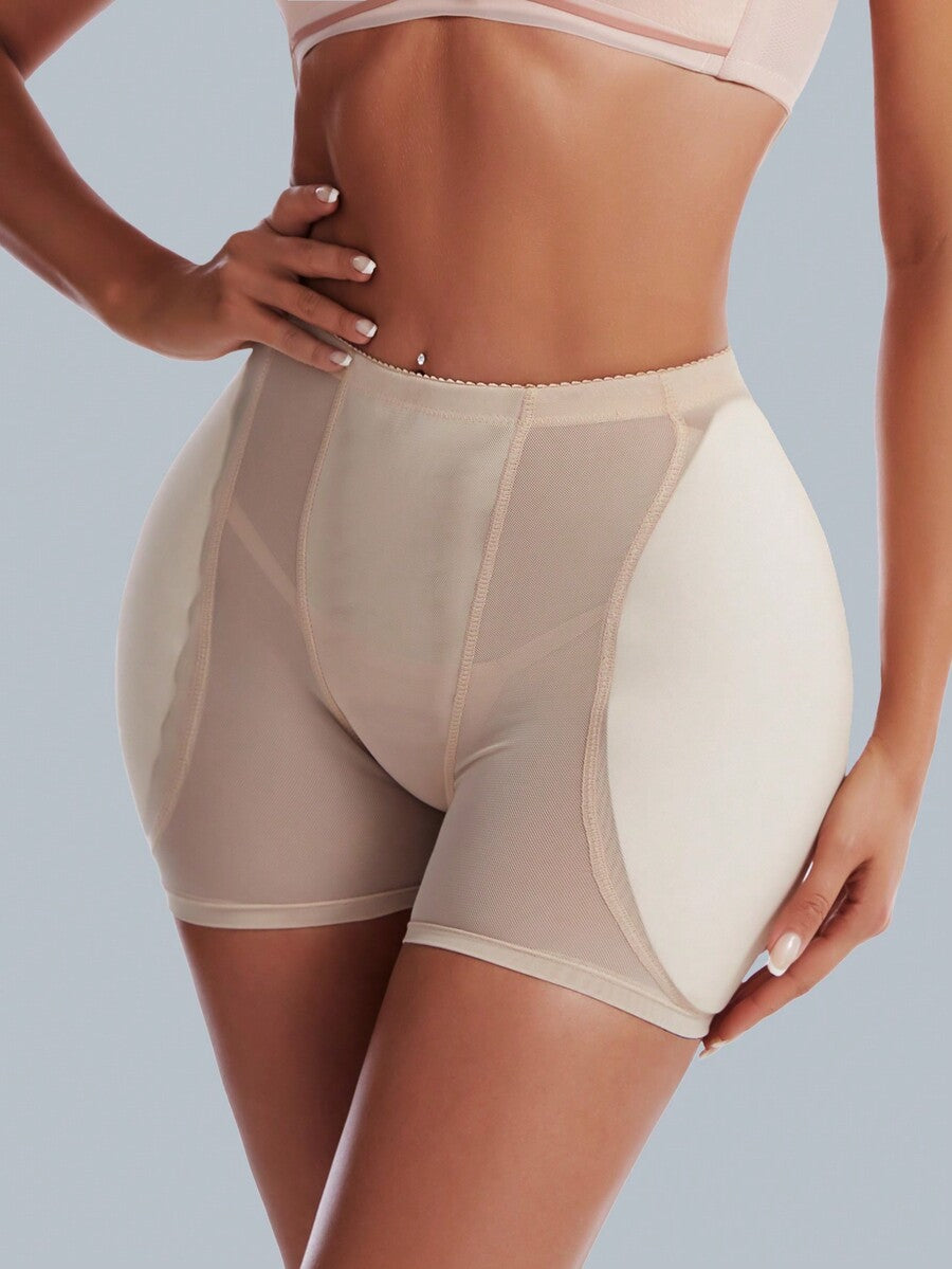 Apricot mesh fabric butt lifting padded underwear shapewear shorts for women featuring medium support enhancement.