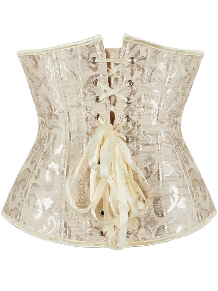 Vintage lace-up waist trainer corset with grommet eyelet details and plant pattern, designed for Halloween styling.
