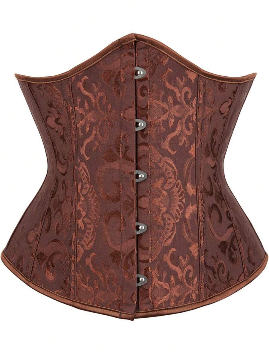 Vintage lace-up waist trainer corset with grommet eyelet details and plant pattern, designed for Halloween styling.