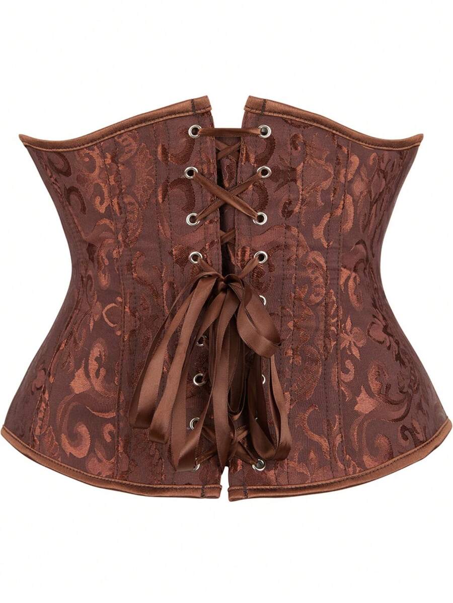 Vintage lace-up waist trainer corset with grommet eyelet details and plant pattern, designed for Halloween styling.