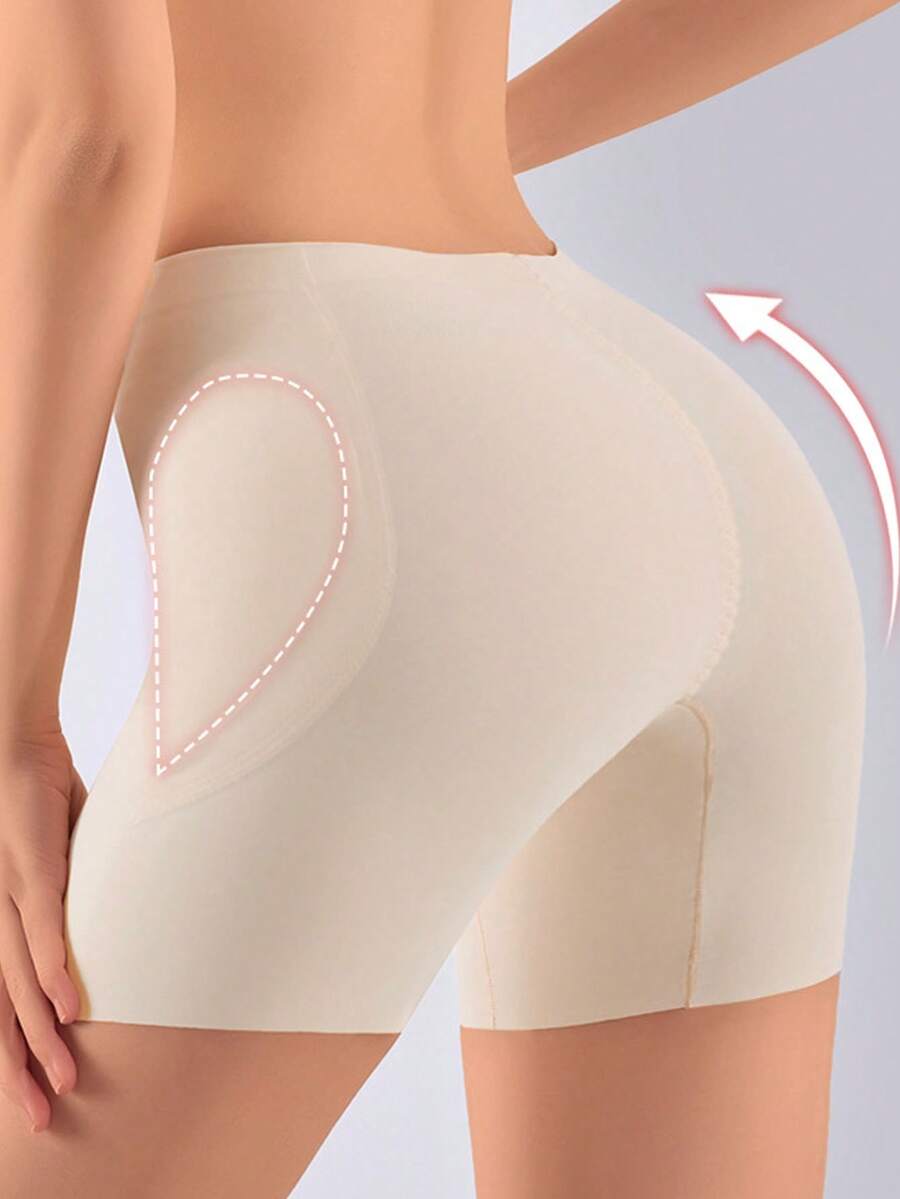 Women's apricot seamless padded shapewear panties featuring tummy control design and teardrop foam padding.