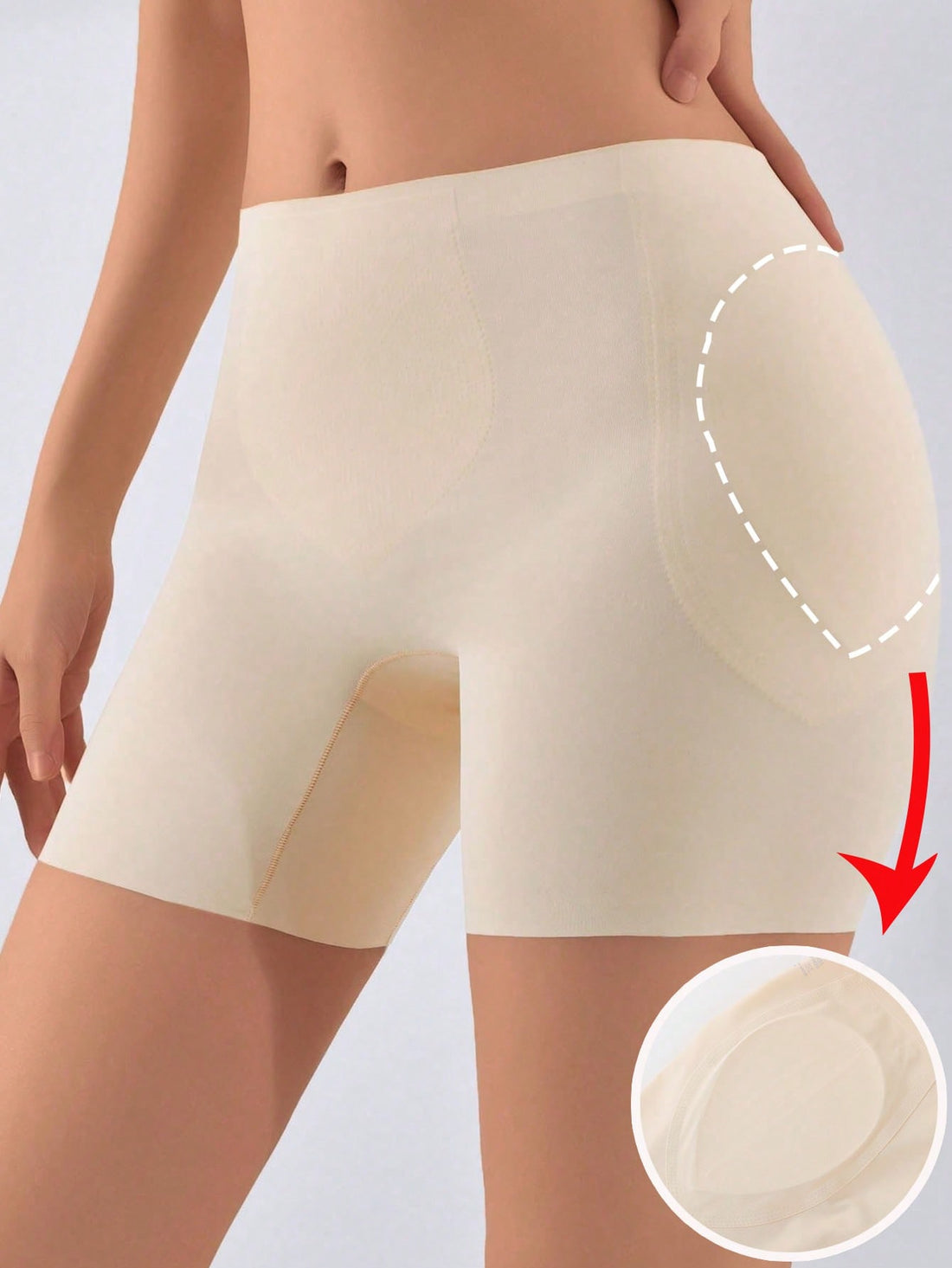 Women's apricot seamless padded shapewear panties featuring tummy control design and teardrop foam padding.