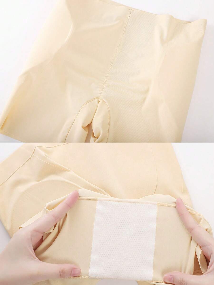 Women's apricot seamless padded shapewear panties featuring tummy control design and teardrop foam padding.