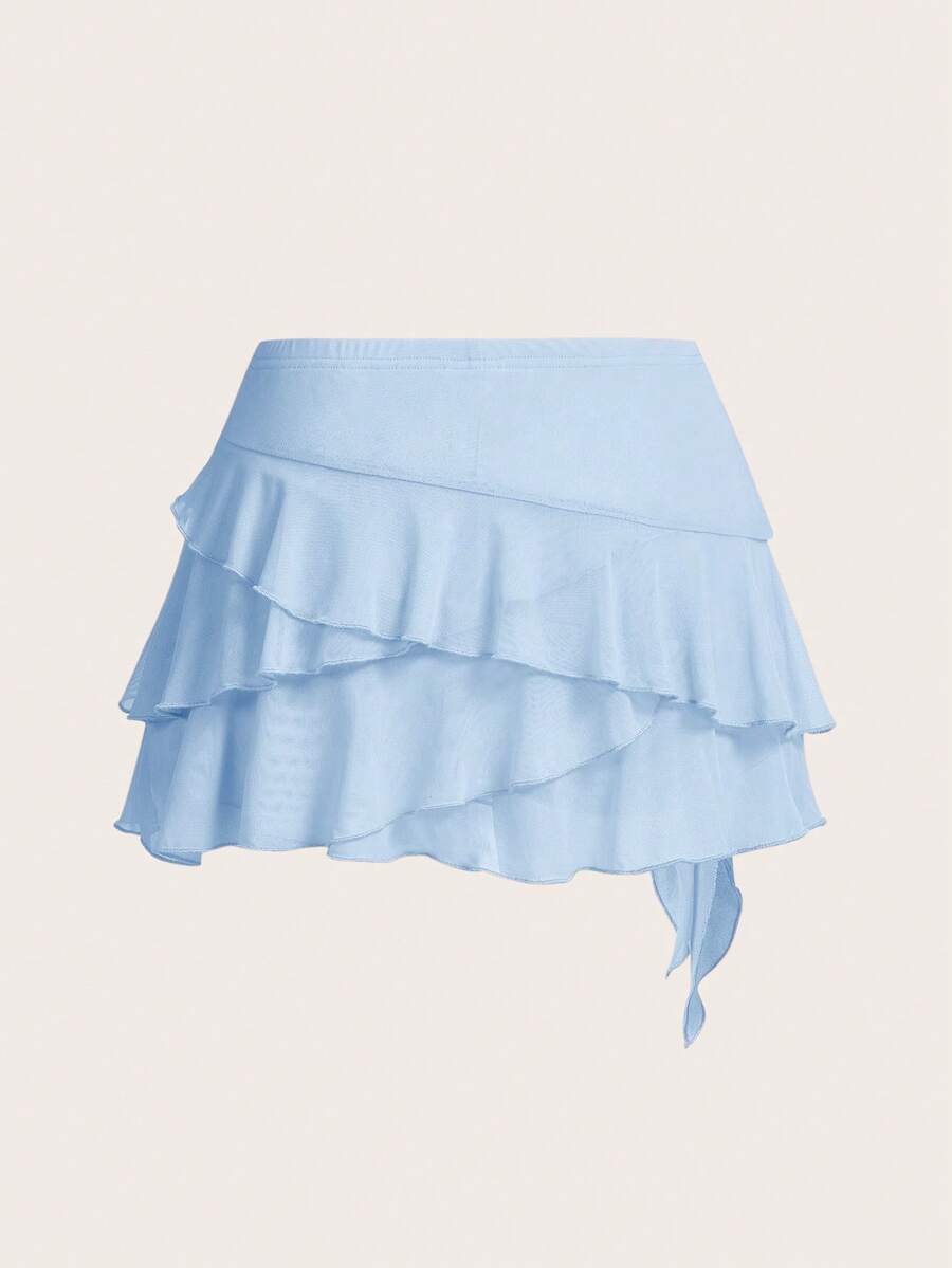 White tiered ruffle trim mini skirt for women with low waist, knot detail, mesh fabric, and casual Y2K boho design.