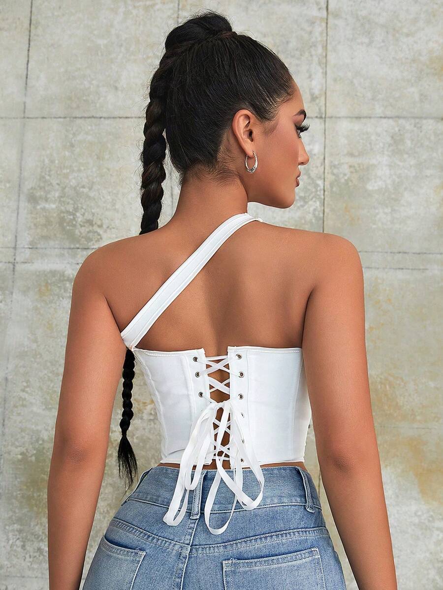 Women's black Y2K one-shoulder sleeveless backless crop top featuring an asymmetrical neckline and lace-up cutout design.