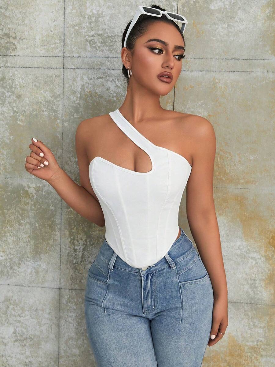Women's black Y2K one-shoulder sleeveless backless crop top featuring an asymmetrical neckline and lace-up cutout design.