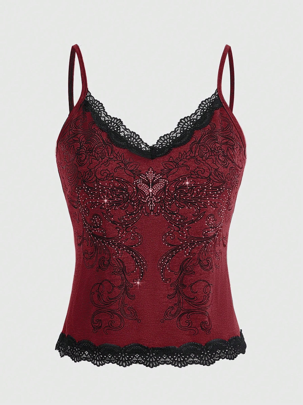 Pink floral print crop camisole top for women featuring contrast lace trim, spaghetti straps, and a slim fit.